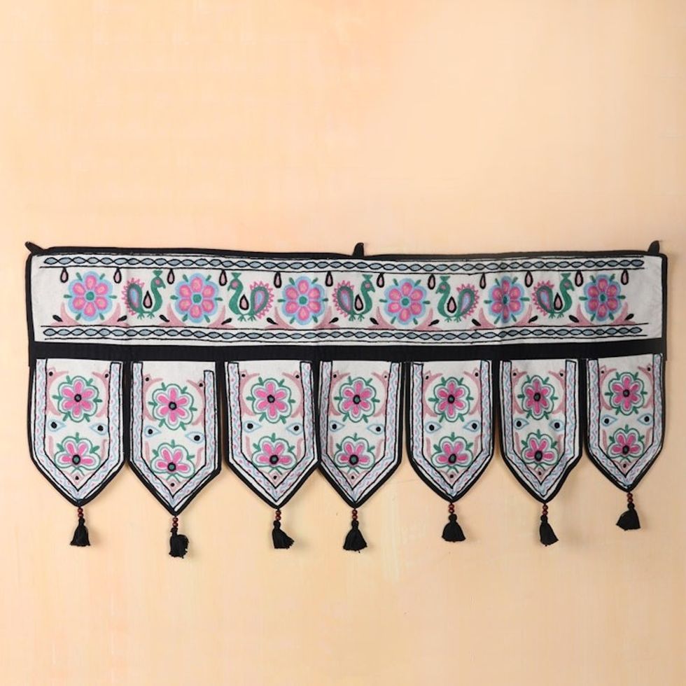Embroidered Cotton Wall Hanging from India 'Garden Grow'