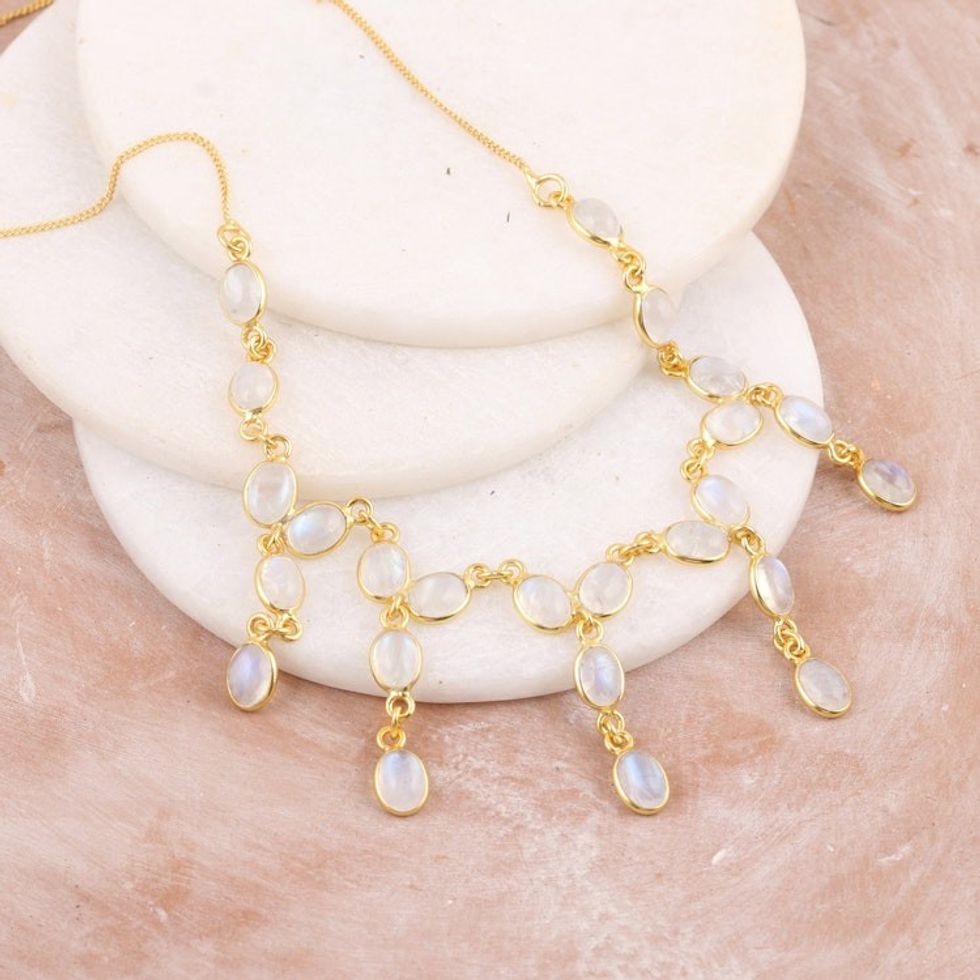 22k Gold-Plated Waterfall Necklace with Rainbow Moonstones 'Creativity Drops'