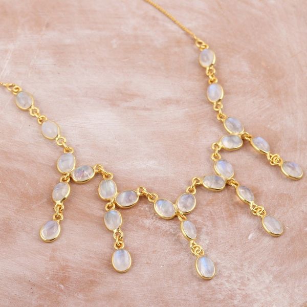 Alternate image for 22k Gold-Plated Waterfall Necklace with Rainbow Moonstones Creativity Drops