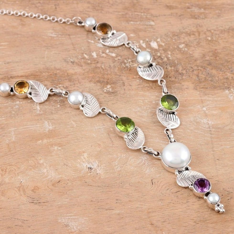 Peridot and Cultured Pearl Pendant Necklace 'Moonlight on the Water'