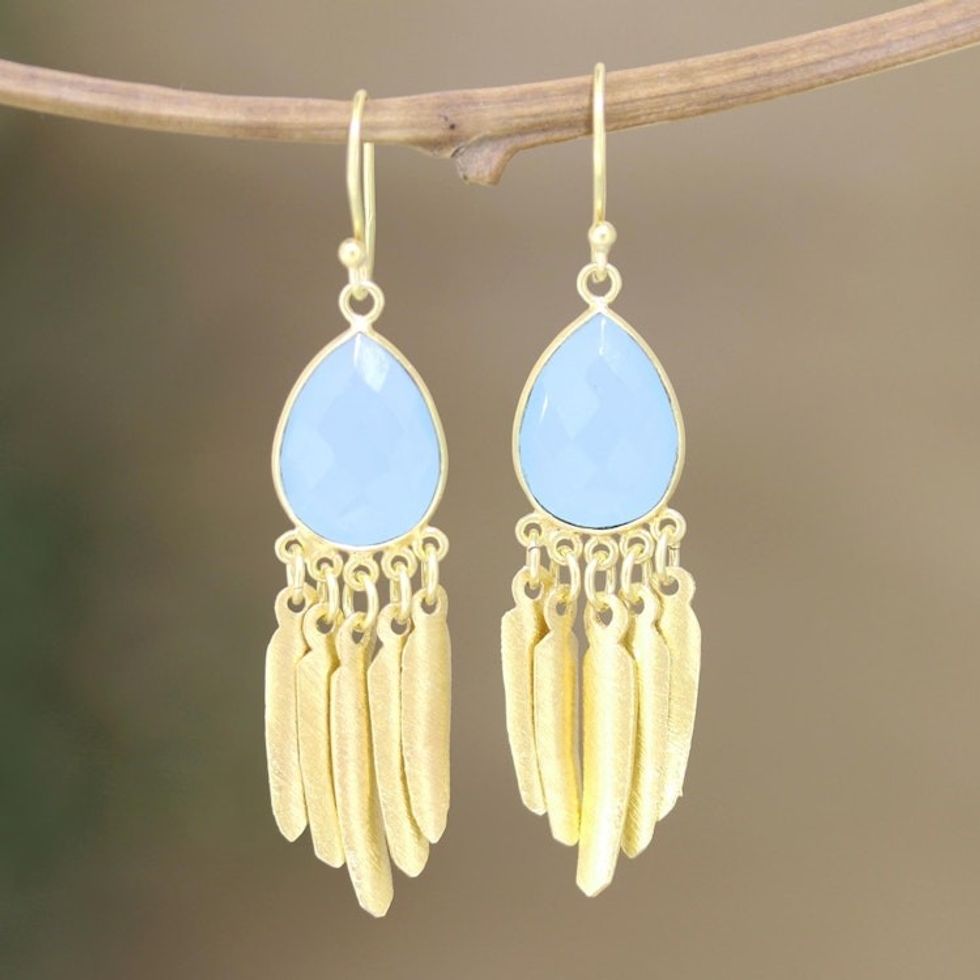 Artisan Crafted Chalcedony Gold Plated Earrings 'Feather's Flight'
