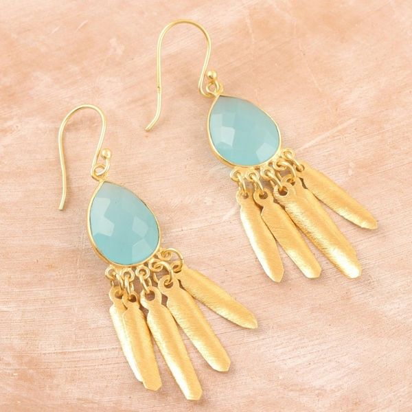 Alternate image for Artisan Crafted Chalcedony Gold Plated Earrings Feathers Flight