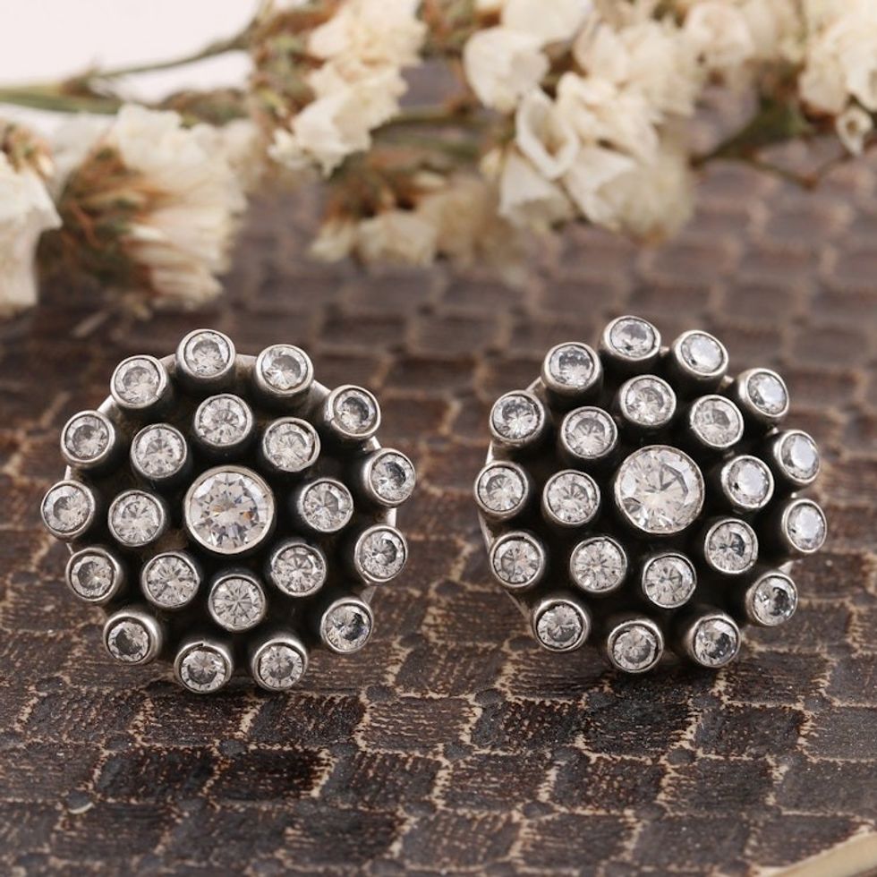 Cubic Zirconia and Sterling Silver Button Earrings 'Precious Clarity'