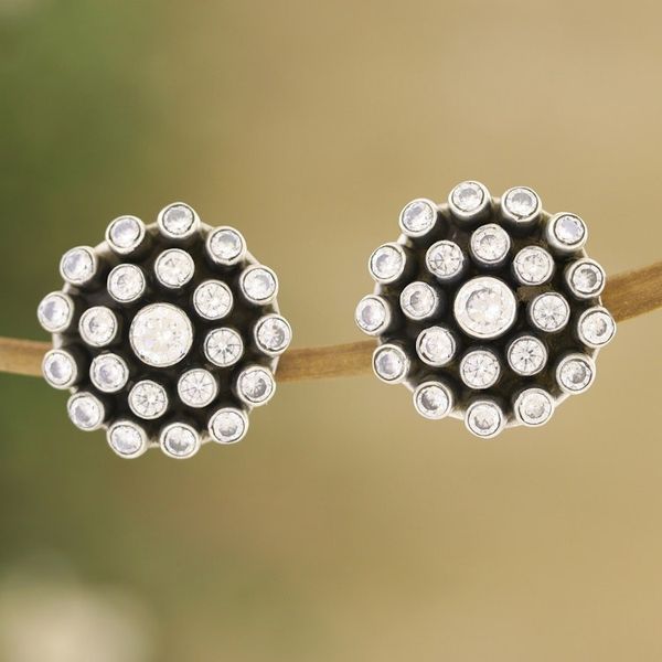 Alternate image for Cubic Zirconia and Sterling Silver Button Earrings Precious Clarity