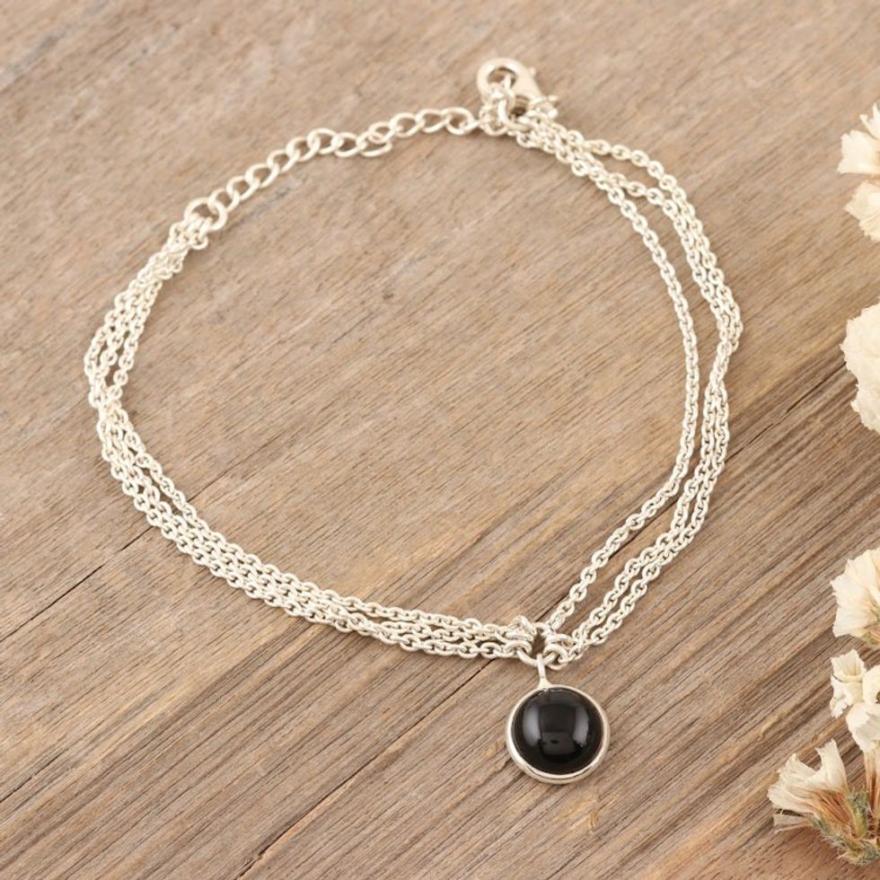 Charm Bracelet Made with Black Onyx and 925 Sterling Silver 'Magical Globe'