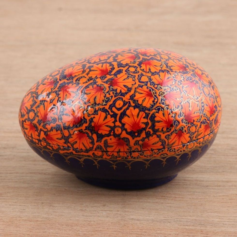 India Handmade Orange Leaf Papier Mache Box 5 inch 'Orange Chinar Foliage'
