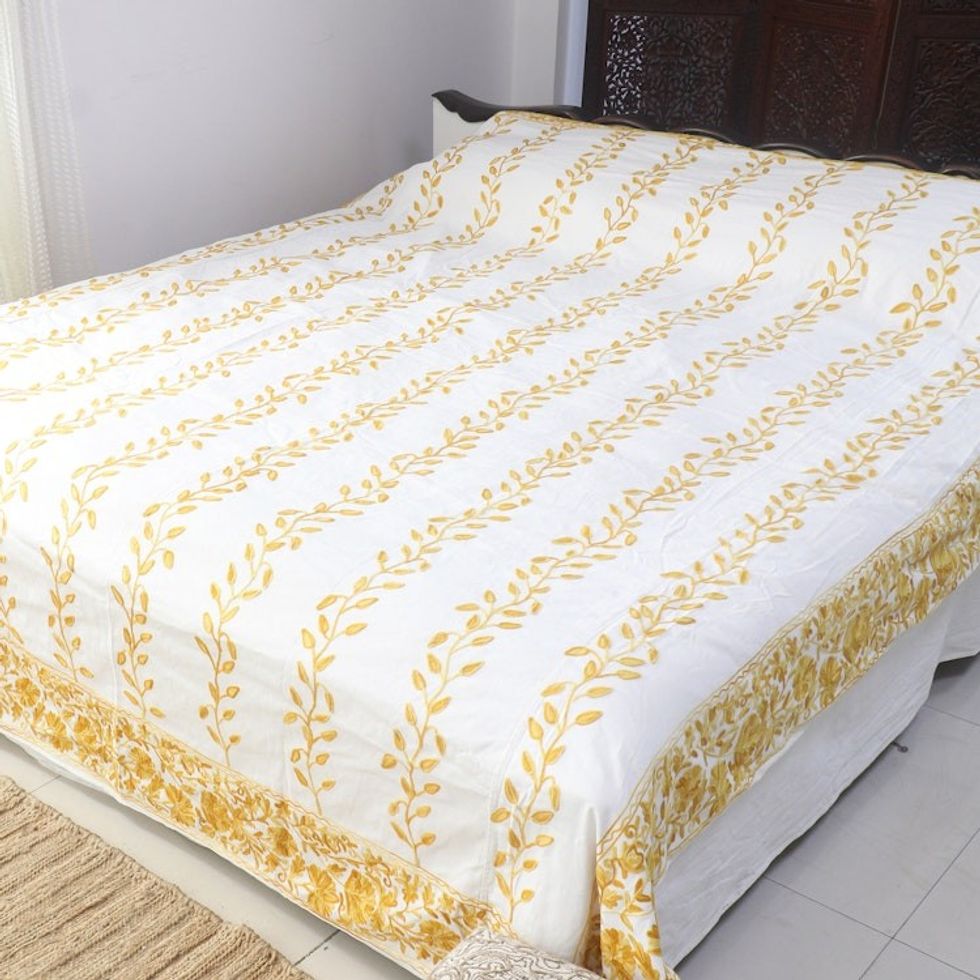 Chain-stitched Cotton Queen Duvet Cover Handmade in India 'Kashmir Vines'