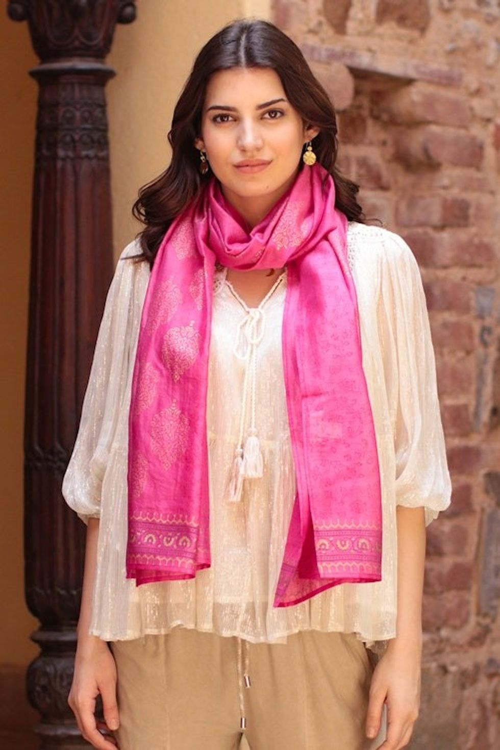 Block-Printed Cotton Blend Shawl from India 'Ruby Sea'