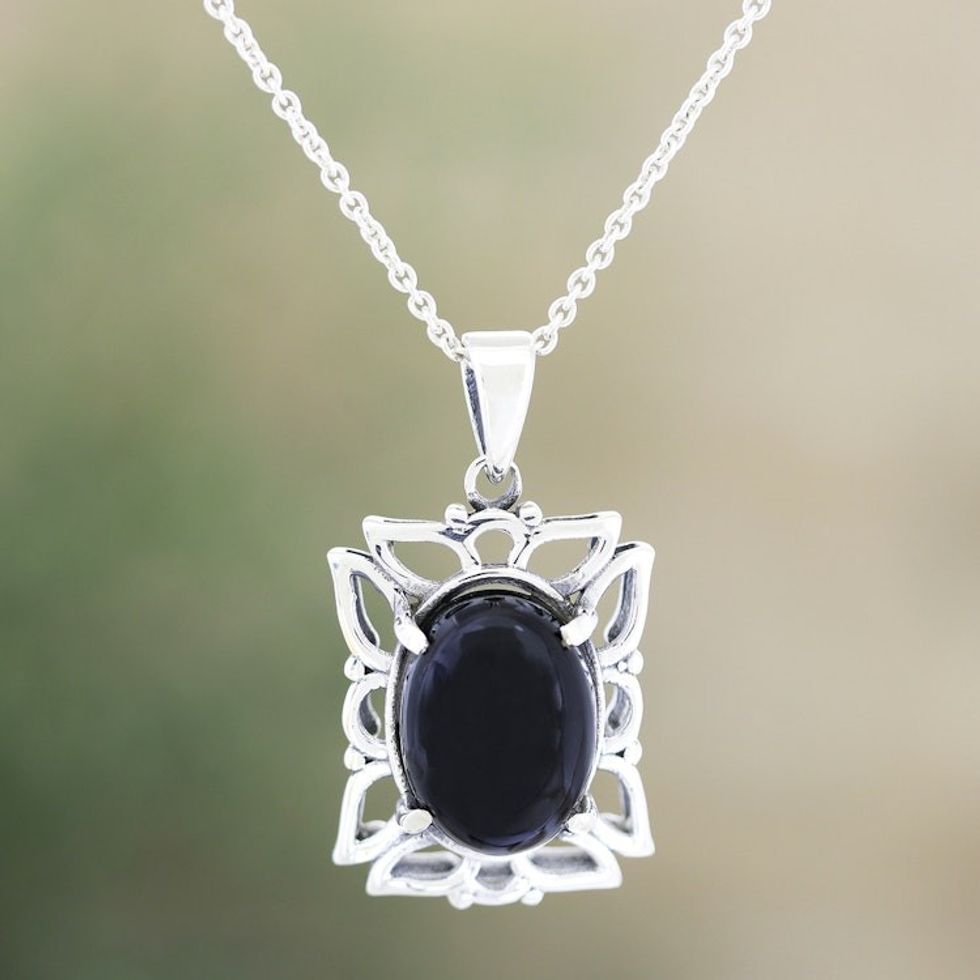 Sterling Silver and Onyx Pendant Necklace 'Black Botanicals'