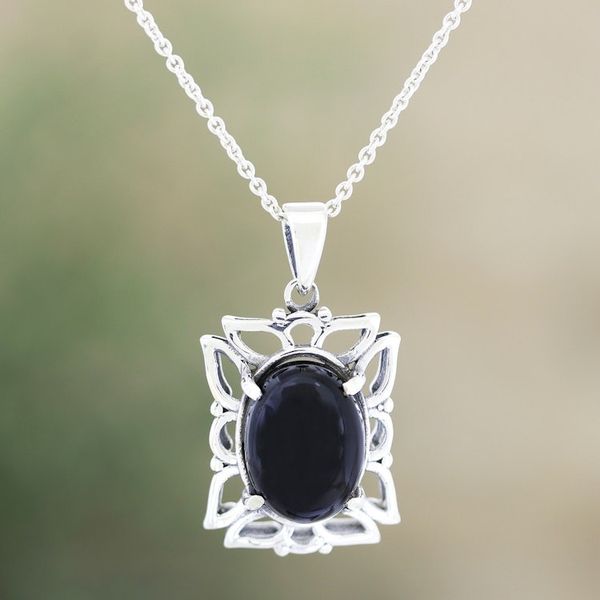 Alternate image for Sterling Silver and Onyx Pendant Necklace Black Botanicals