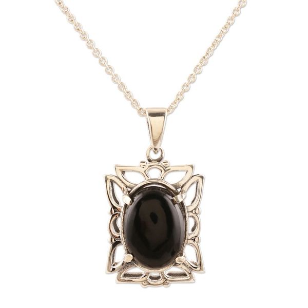 Alternate image for Sterling Silver and Onyx Pendant Necklace Black Botanicals