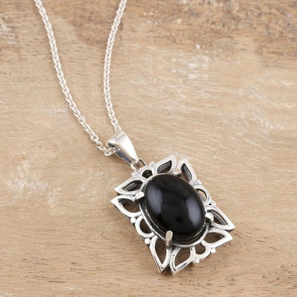 Alternate image for Sterling Silver and Onyx Pendant Necklace Black Botanicals