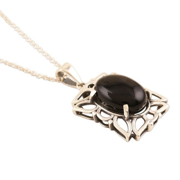 Alternate image for Sterling Silver and Onyx Pendant Necklace Black Botanicals
