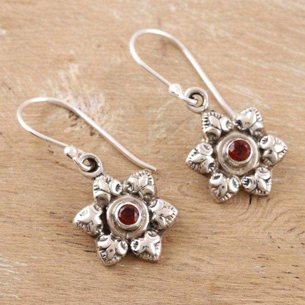 Garnet and Sterling Silver Floral Dangle Earrings 'Floral Fire'