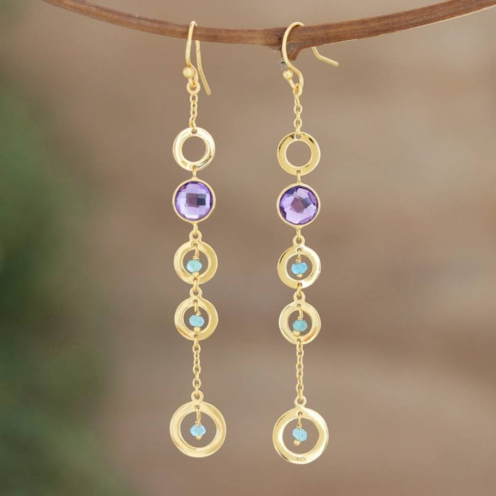 Gold-Plated Amethyst and Chalcedony Dangle Earrings 'Once Upon a Time'