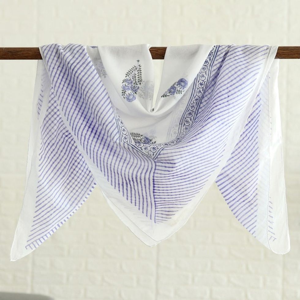 Cotton Shawl with Colorful Batik Pattern from India 'Luminous Bouquet'