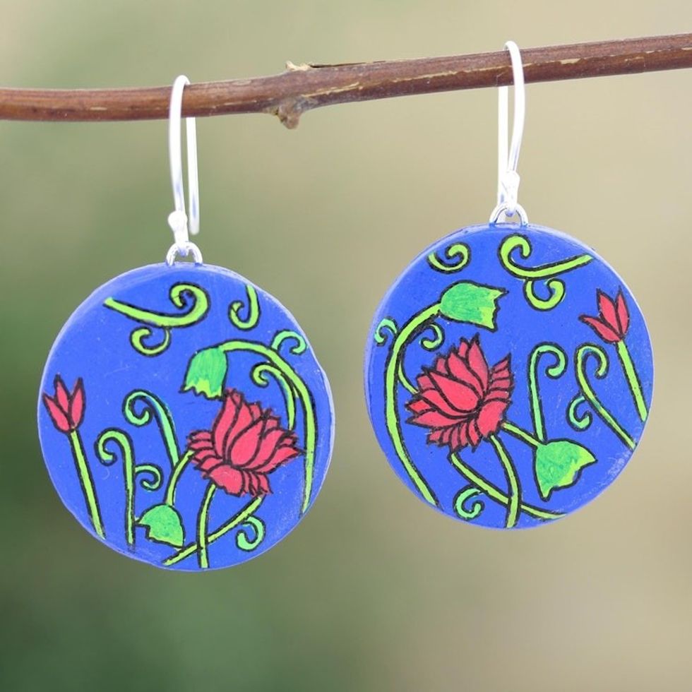 Hand Painted Floral Dangle Earrings 'Pichwai Art'