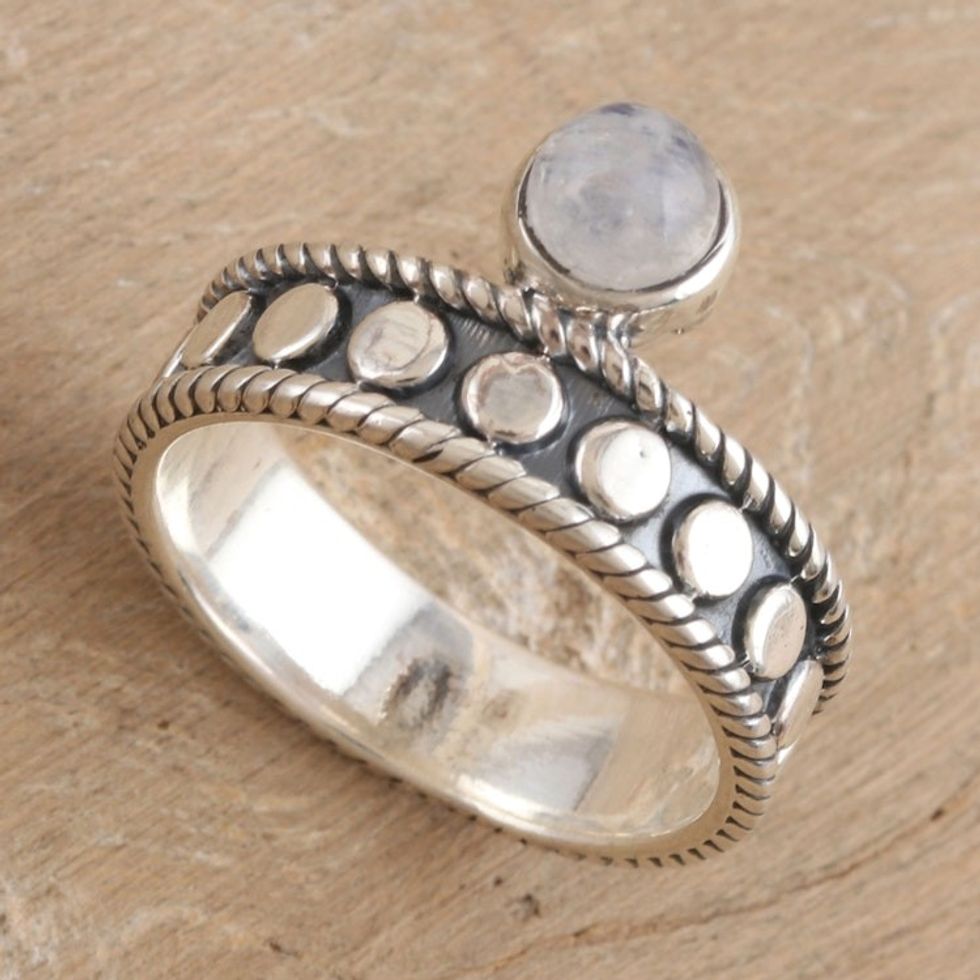 Sterling Silver and Rainbow Moonstone Single Stone Ring 'Misty Crown'