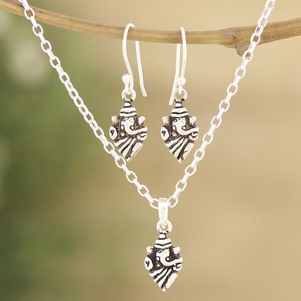 Alternate image for Earrings and Pendant Necklace Sterling Silver Jewelry Set Cute Ganesha