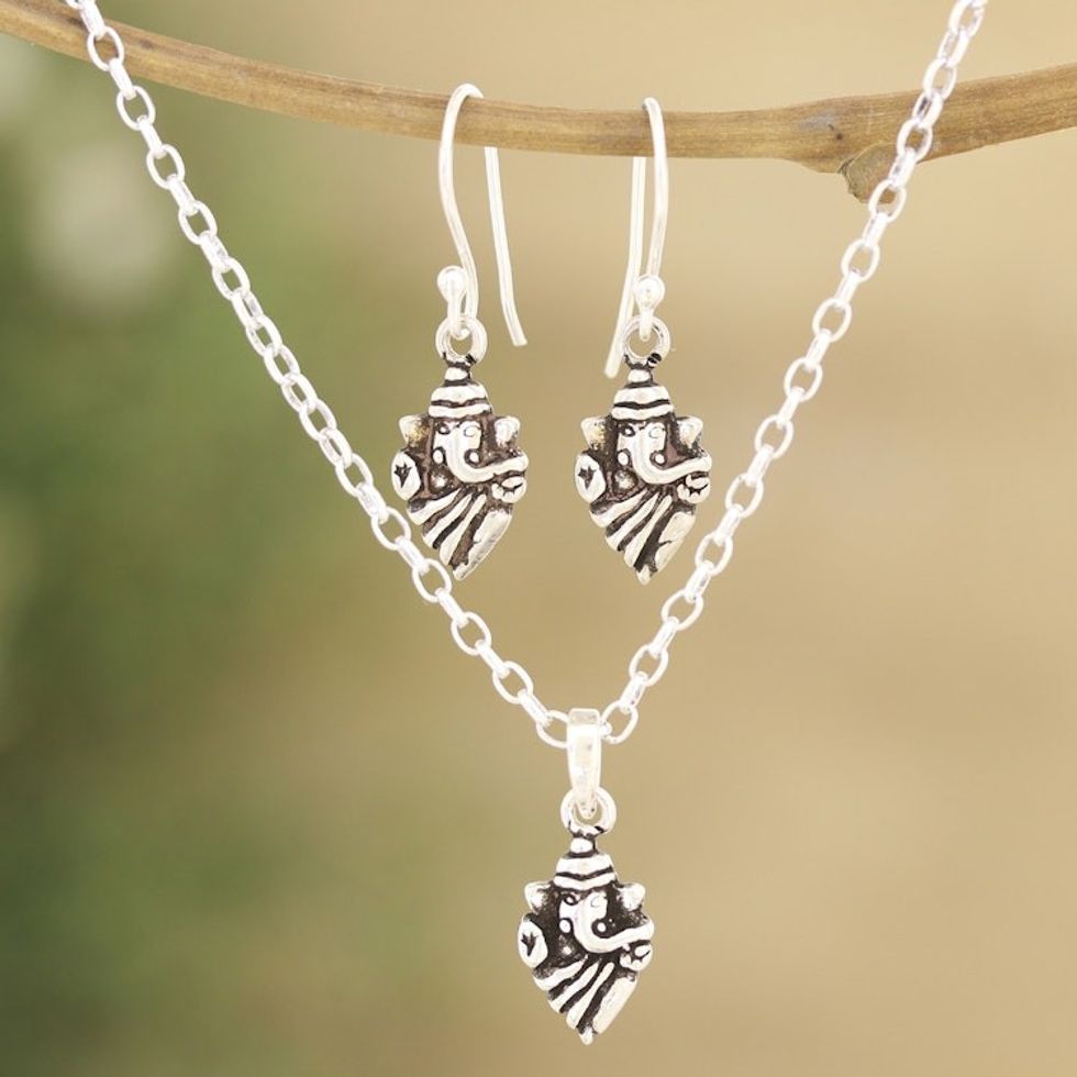Earrings and Pendant Necklace Sterling Silver Jewelry Set 'Cute Ganesha'