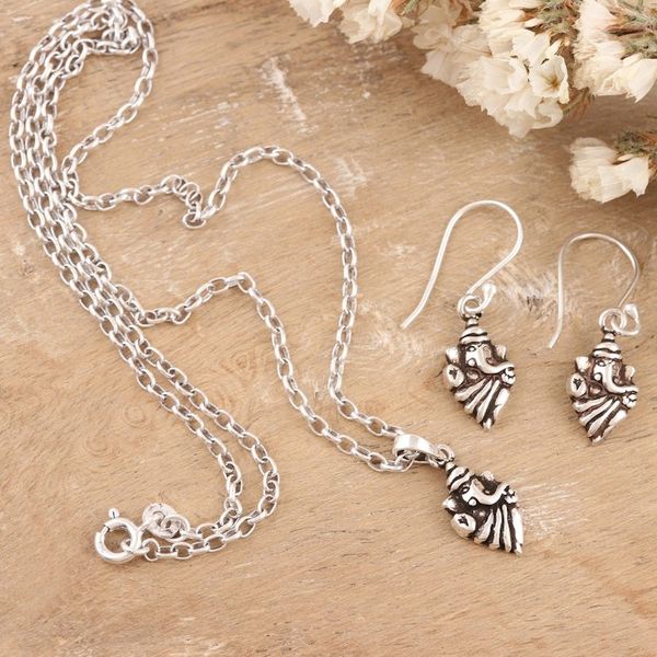 Alternate image for Earrings and Pendant Necklace Sterling Silver Jewelry Set Cute Ganesha