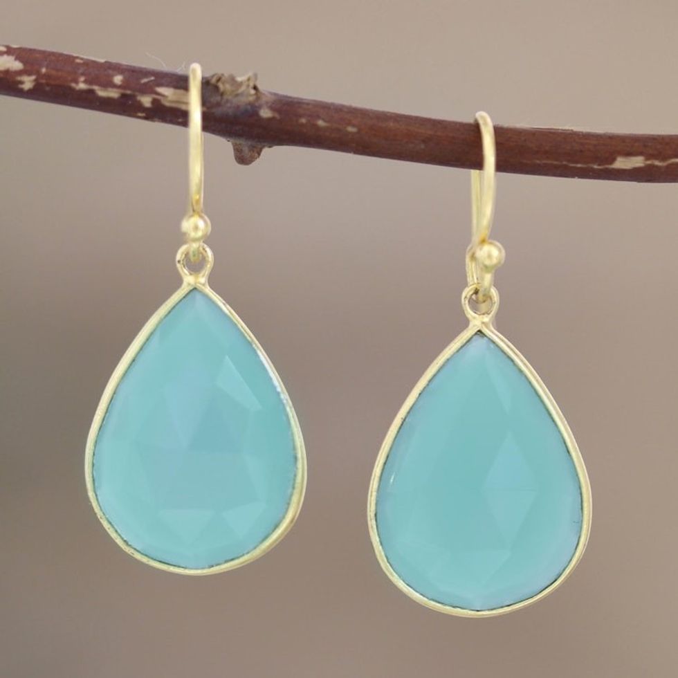 Gold-Plated Chalcedony Dangle Earrings from India 'Evening Rainfall'