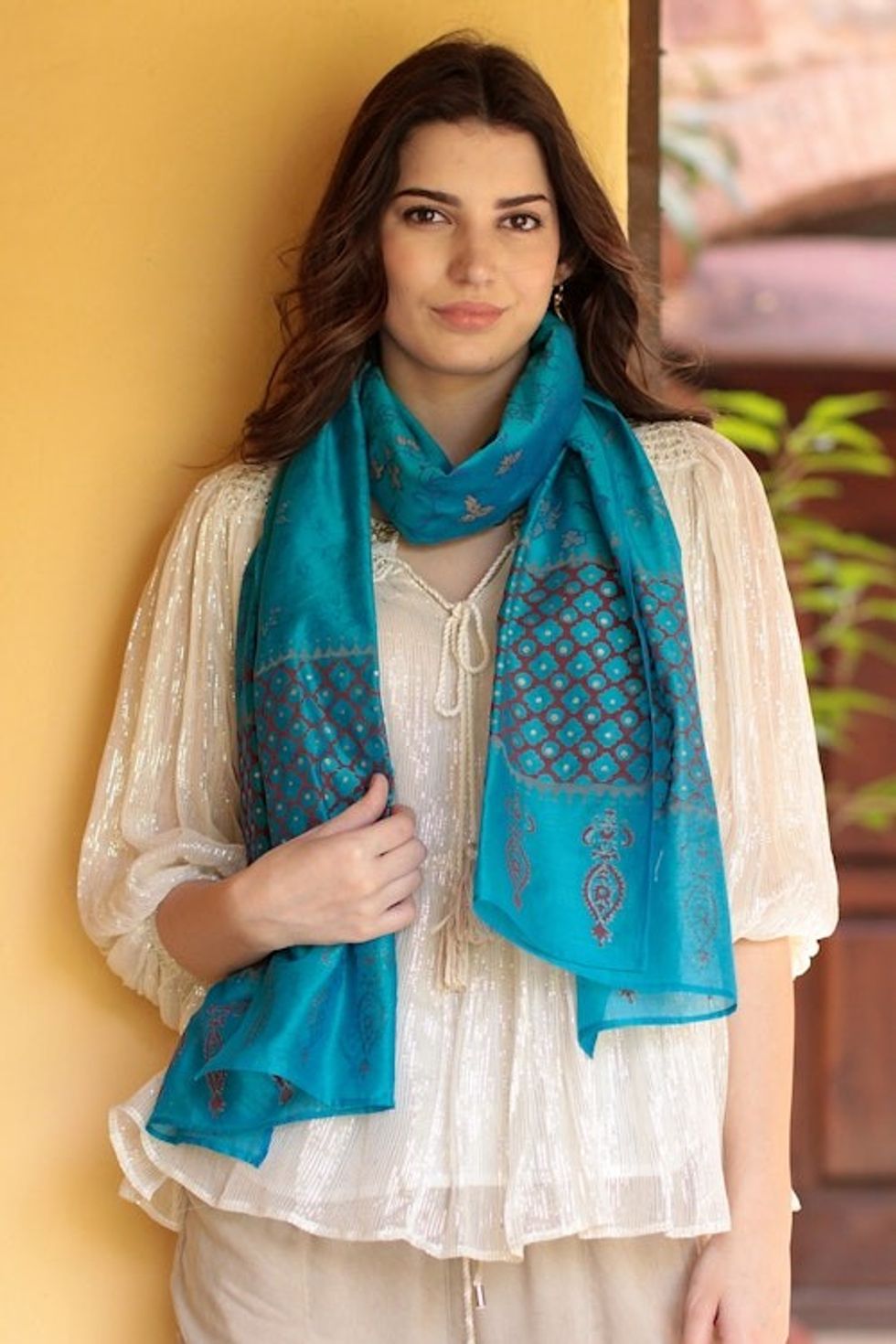 Hand-Woven Cotton and Silk Shawl from India 'Sacred Sea'