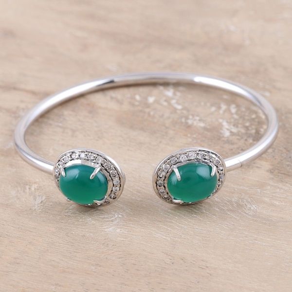 Alternate image for Sterling Silver Cuff Bracelet with Green Onyx Ends Sparkling Green Eyes