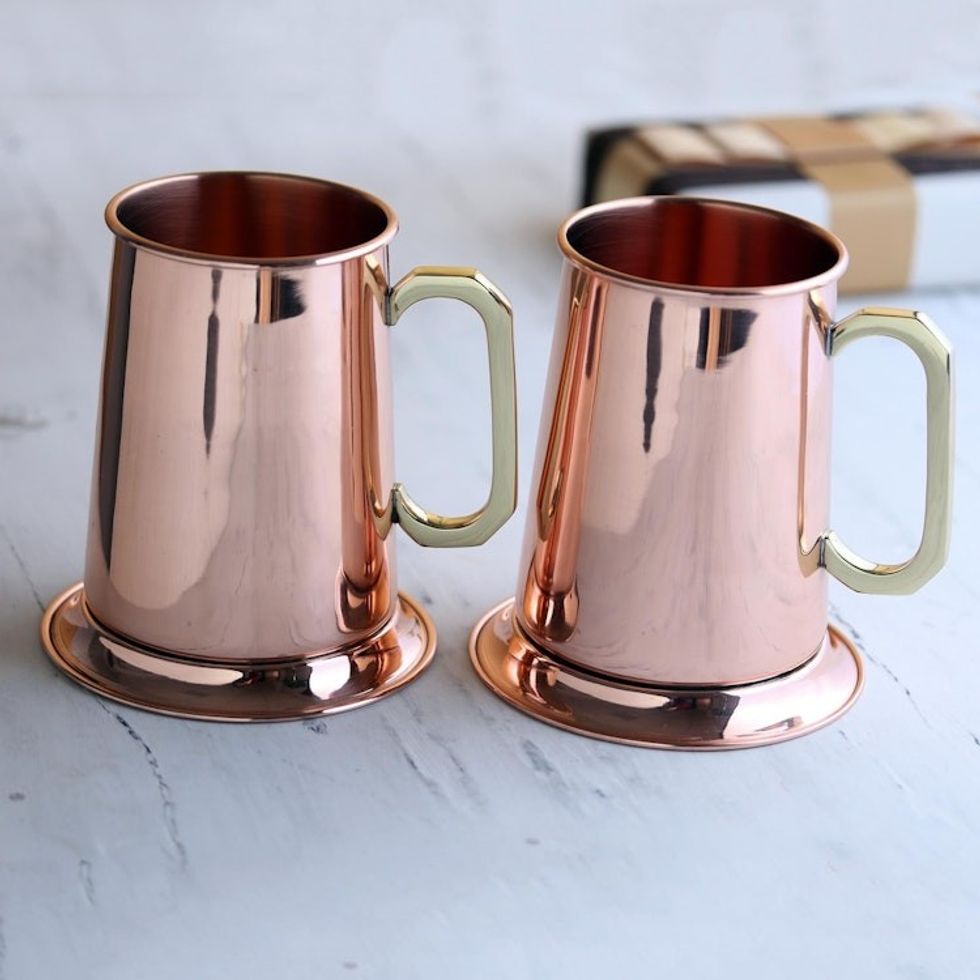 High Shine Copper Drinking Mugs with Gold Handles Pair 'Morning Shine'