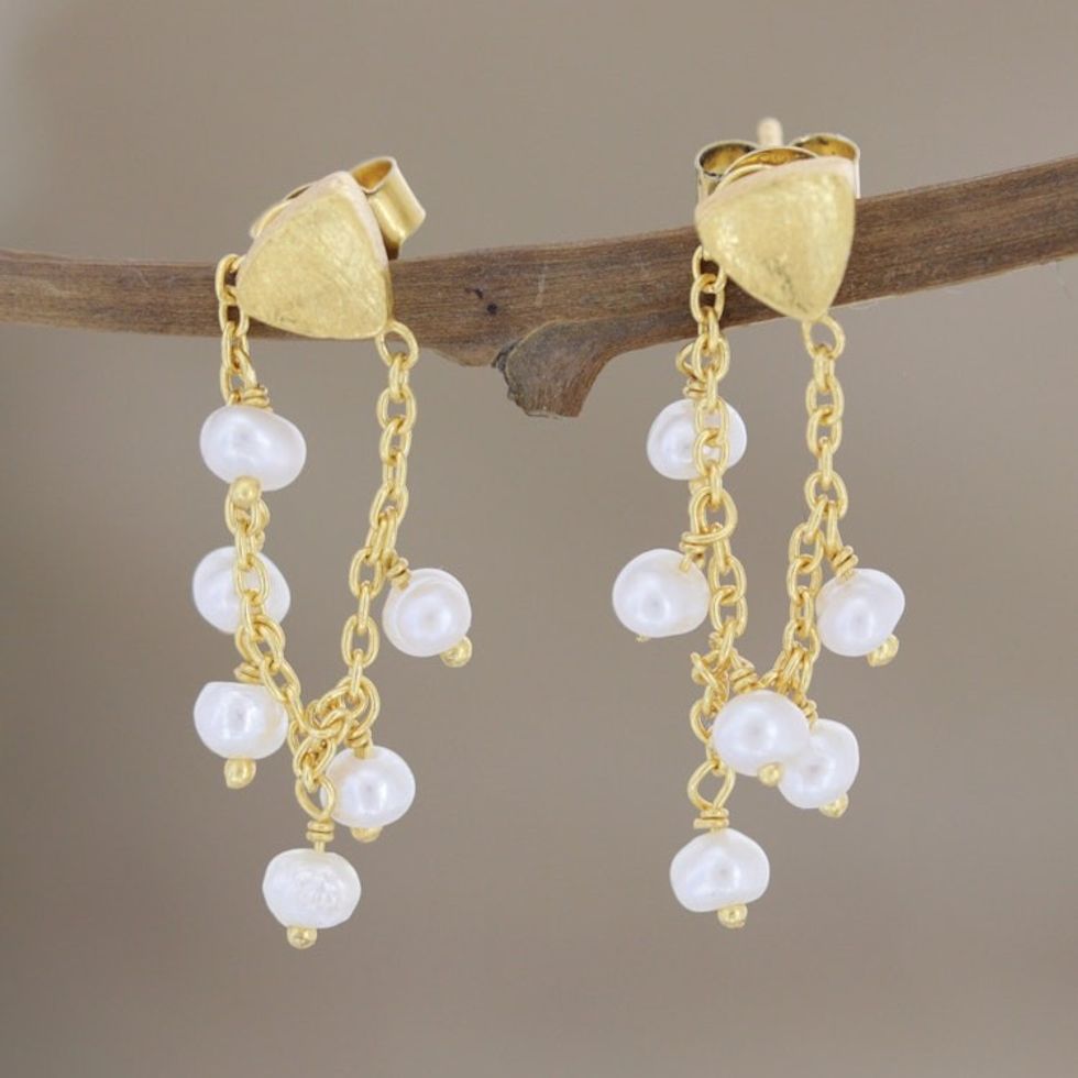 Hand Crafted Gold-Plated Cultured Pearl Dangle Earrings 'Charmed Life'