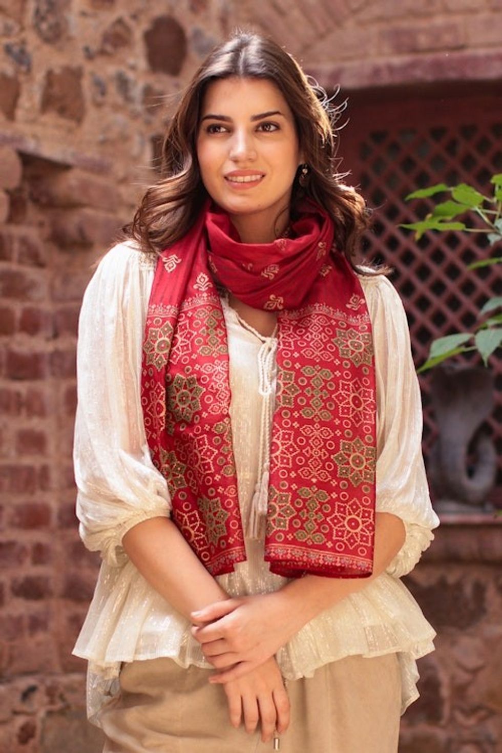 Block-Printed Cotton and Silk Shawl from India 'Eternal Flame'