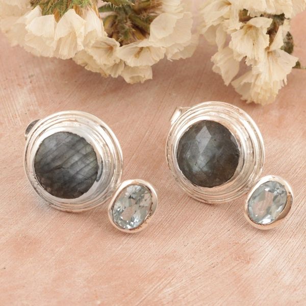Alternate image for Hand Crafted Labradorite and Blue Topaz Drop Earrings Depth of Sea