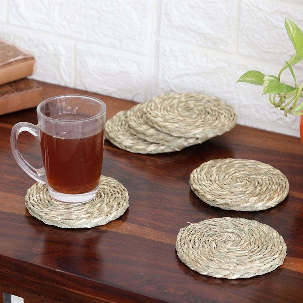 Set of 6 Handcrafted Natural Fiber Coasters in Natural Tones 'Natural Aura'