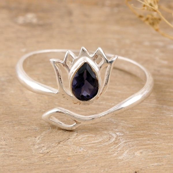 Alternate image for Iolite and Sterling Silver Lotus Wrap Ring from India Deep Blue Lotus