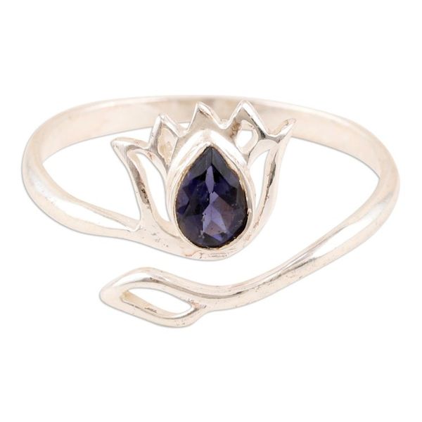 Alternate image for Iolite and Sterling Silver Lotus Wrap Ring from India Deep Blue Lotus