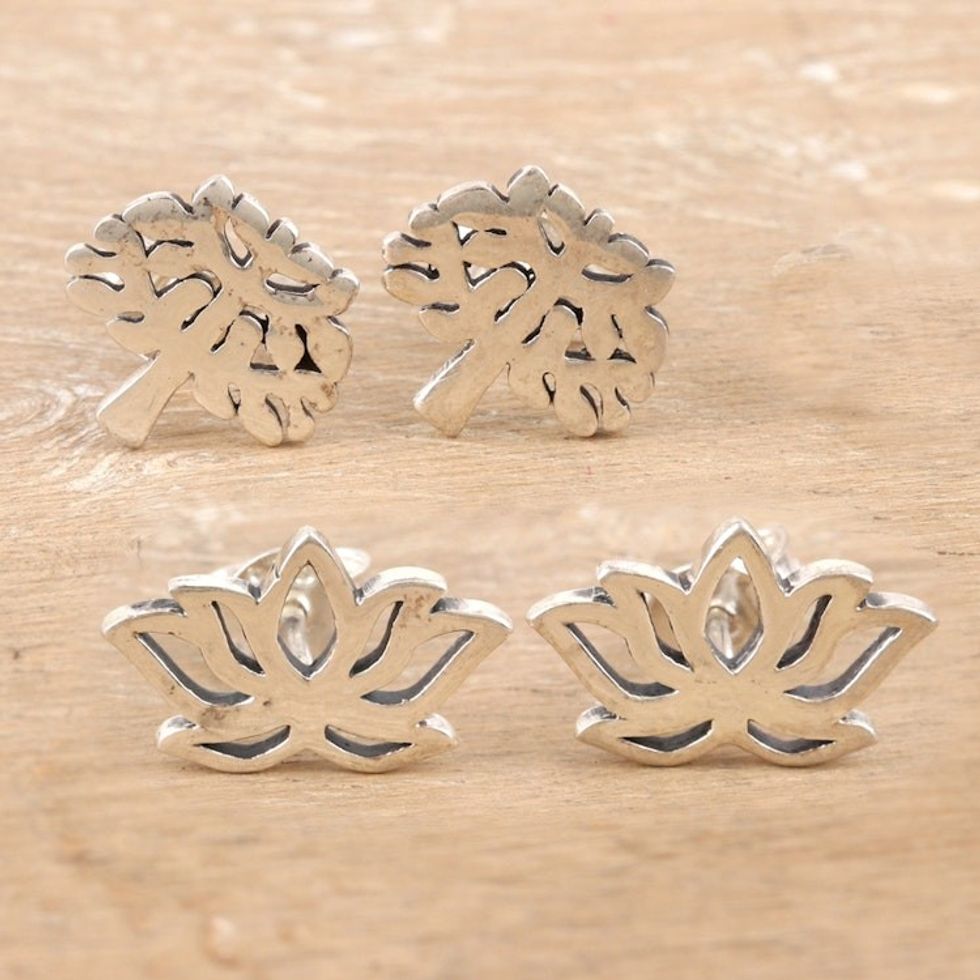 Floral and Tree Themed Stud Earrings Pair 'Lotus and Tree'