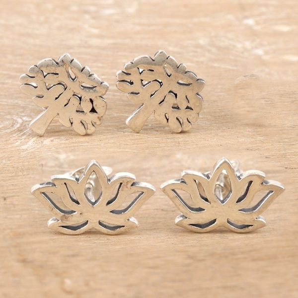 Alternate image for Floral and Tree Themed Stud Earrings Pair Lotus and Tree