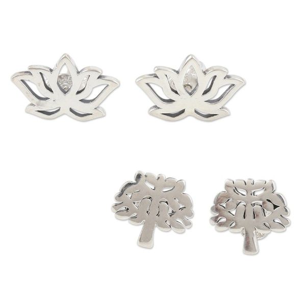 Alternate image for Floral and Tree Themed Stud Earrings Pair Lotus and Tree