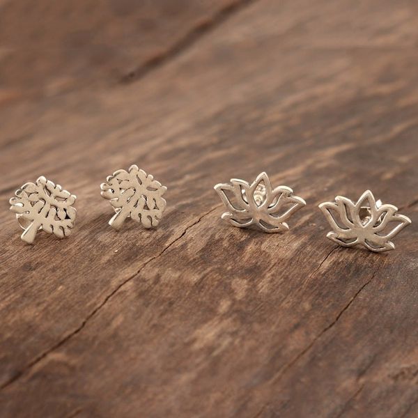 Alternate image for Floral and Tree Themed Stud Earrings Pair Lotus and Tree