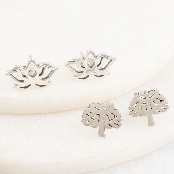 Alternate image for Floral and Tree Themed Stud Earrings Pair Lotus and Tree