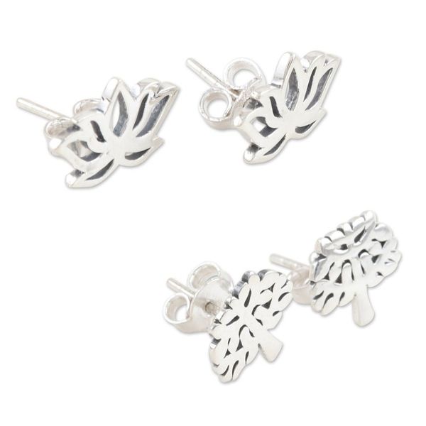 Alternate image for Floral and Tree Themed Stud Earrings Pair Lotus and Tree