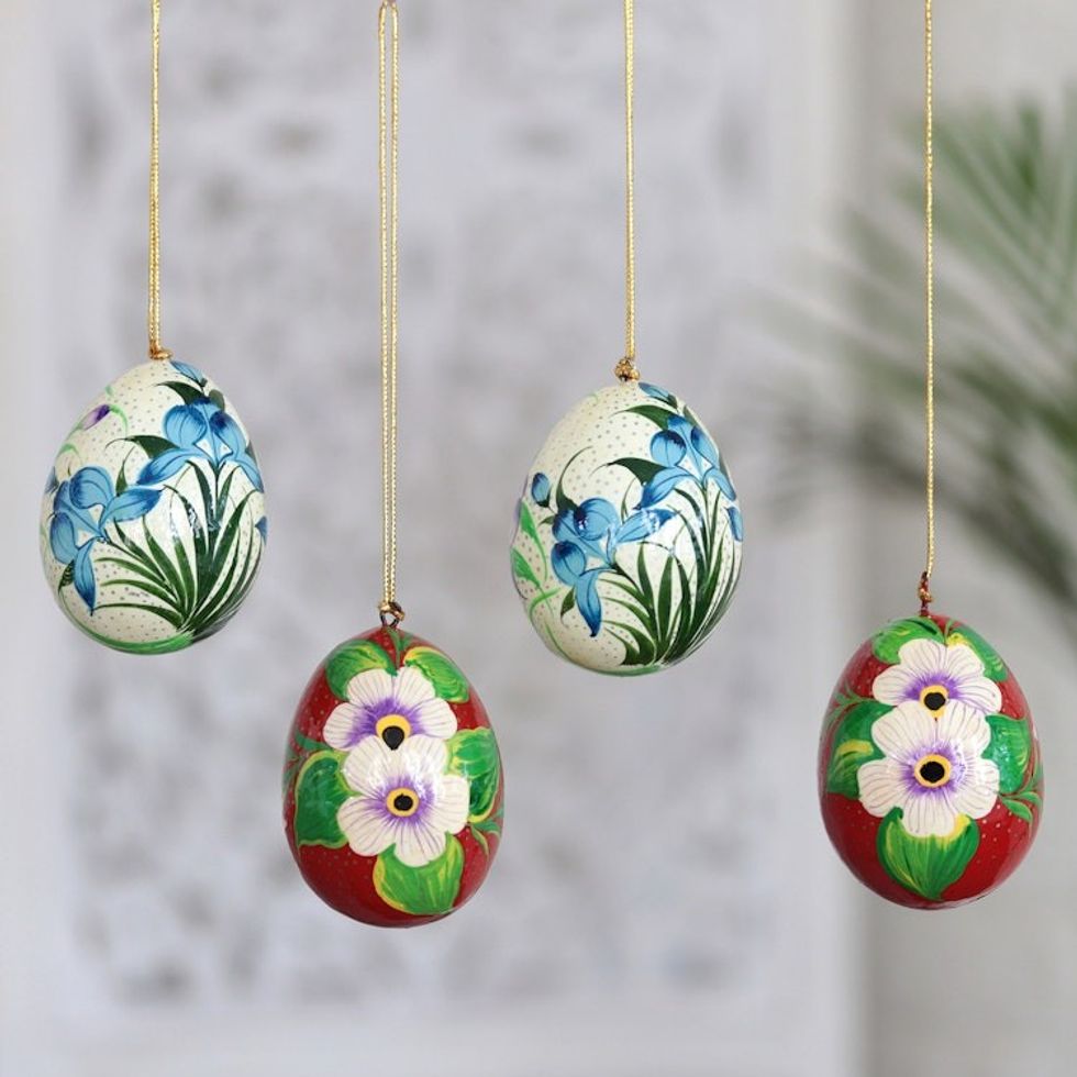 Hand-Painted Floral Papier Mache Ornaments Set of 4 'Floral Delight'