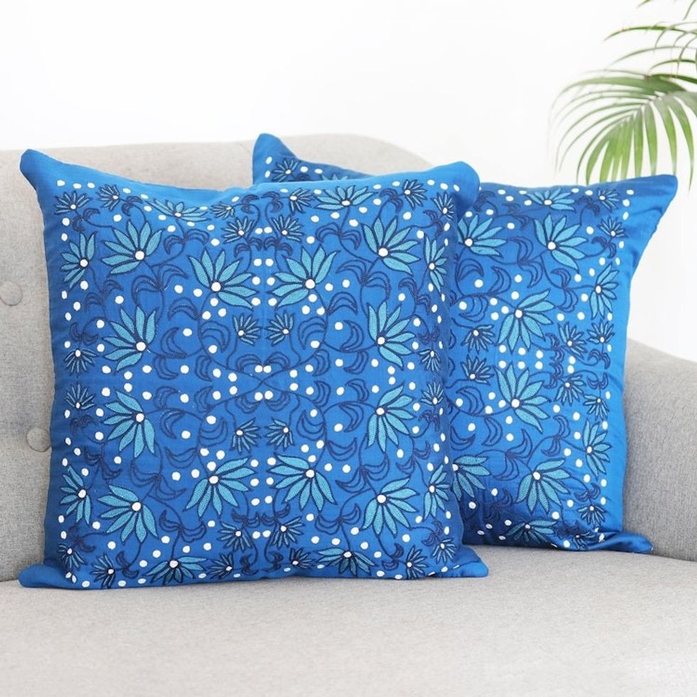 Artisan Crafted Cotton Cushion Covers Pair 'Night Trellis'