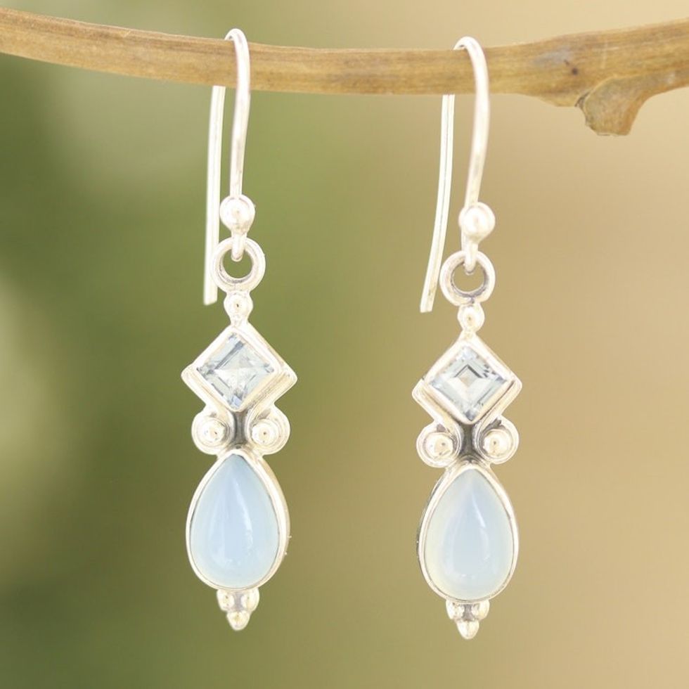 Indian Blue Topaz and Chalcedony Dangle Earrings 'Dancing Blue Gems'