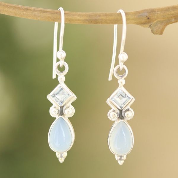 Alternate image for Indian Blue Topaz and Chalcedony Dangle Earrings Dancing Blue Gems