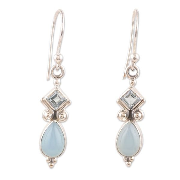 Alternate image for Indian Blue Topaz and Chalcedony Dangle Earrings Dancing Blue Gems