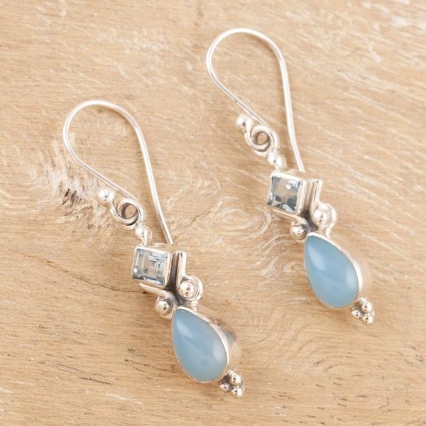 Alternate image for Indian Blue Topaz and Chalcedony Dangle Earrings Dancing Blue Gems