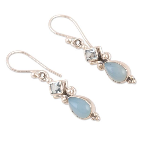 Alternate image for Indian Blue Topaz and Chalcedony Dangle Earrings Dancing Blue Gems