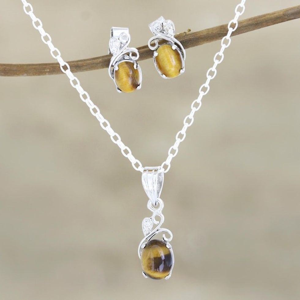 Rhodium-Plated Tiger's Eye and Cubic Zirconia Jewelry Set 'Peppy in Brown'