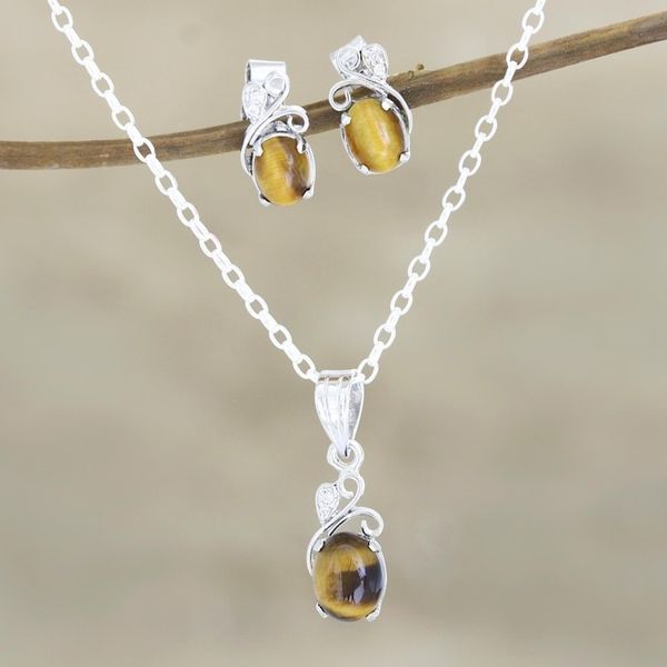 Alternate image for Rhodium-Plated Tigers Eye and Cubic Zirconia Jewelry Set Peppy in Brown